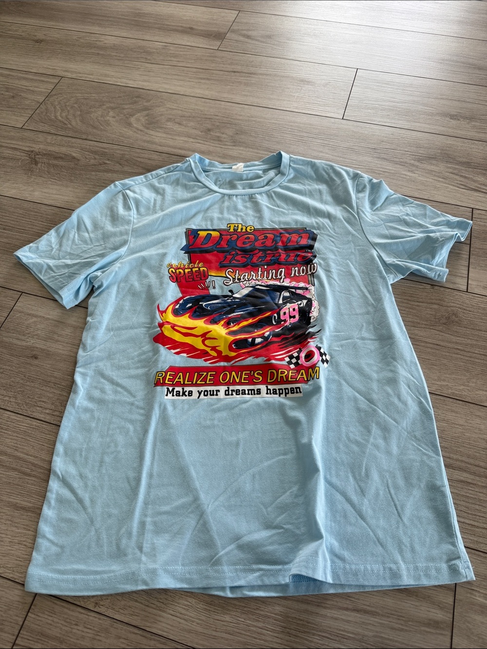 Men’s Light Blue Graphic Racing Tee with Flames Medium